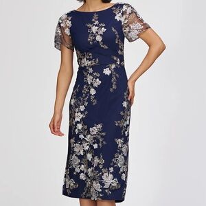 JS Collections Esmerelda Midi Cocktail Dress Navy Embroidered Fits Like Sz 6 NWT